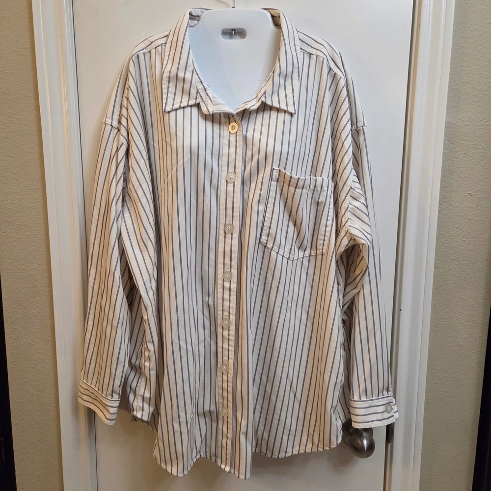 Maurices Womens 3X Striped Button Down Shirt Long Sleeve Textured White Navy